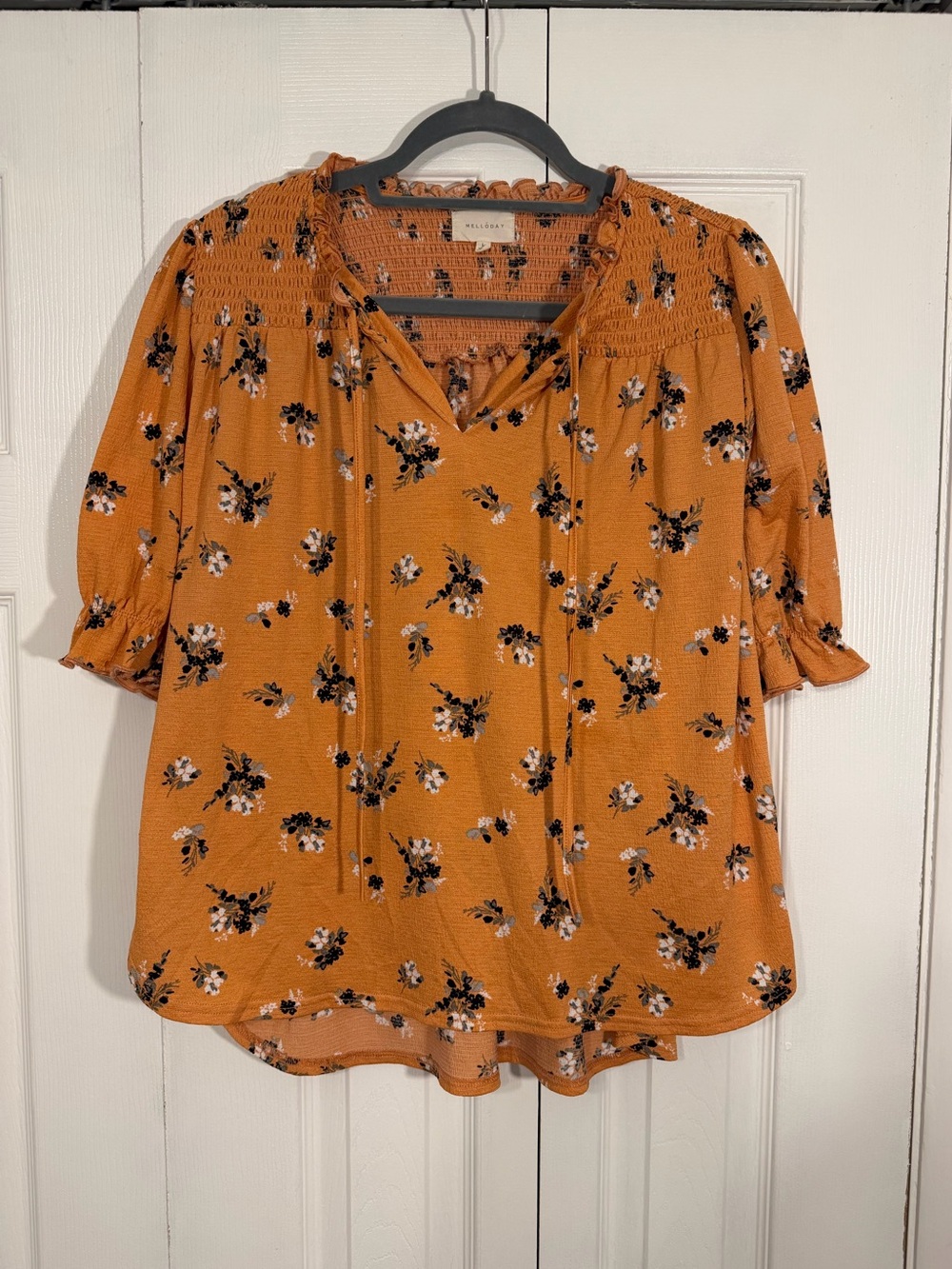 Melloday Floral Peasant Blouse Large Orange